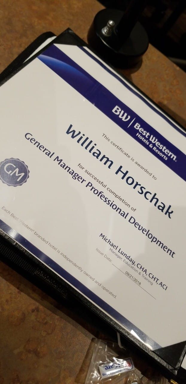 William Horschak's Best Western General Manager Professional Development certificate, issued September 2018
